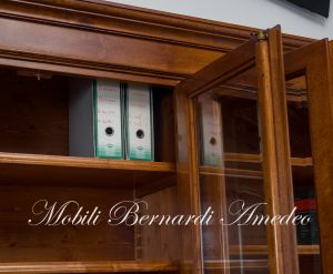 LB55 Walnut Bookcase Raised Base Inlaid Doors Glass Doors Drawers 08